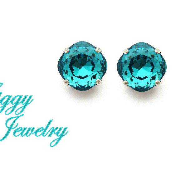 Swarovski Crystal Indicolite Cushion Cut Solitaire Stud Earrings, Teal Blue 10mm - Picture 1 of 6
